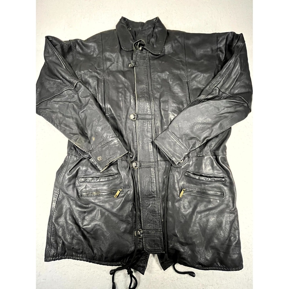 Vintage Jacket Mens L Black Leather Full‎ Zip Collared Toggle Front Long Sleeve